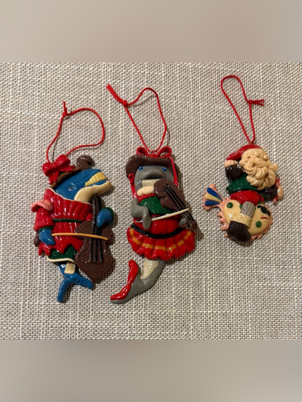 Vtg Polymer Clay Christmas Ornaments Set of 3 - Whales playing Music & Santa